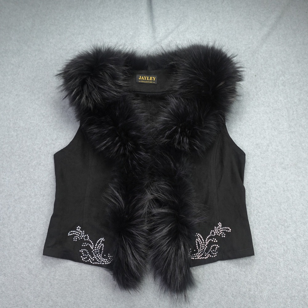 Jayley Vest Womens Small Black Real Fur Trim Rhinestone Suede Waistcoat
